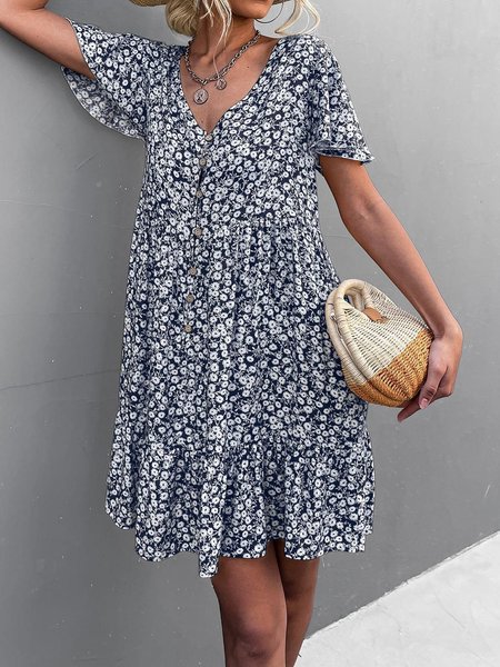 

Women Small Floral V Neck Short Sleeve Comfy Casual Short Dress, Purplish blue, Floral Dresses