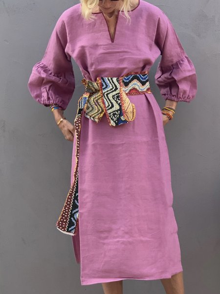 

Long Sleeve V Neck Loose Urban Plain Dress With Belt, Pink, Midi Dresses