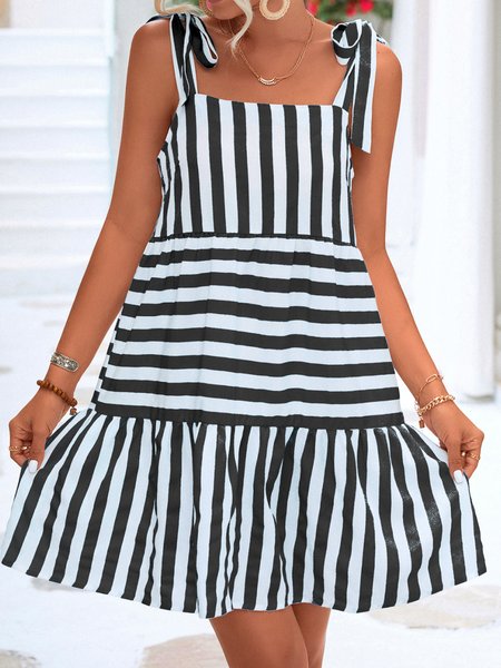 

Women Striped Spaghetti Gallus Comfy Casual Short Dress, Black, Floral Dresses
