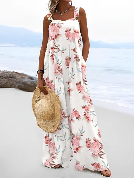 

Loose Vacation Pocket Stitching Floral Jumpsuit, Pink, Jumpsuits＆Rompers