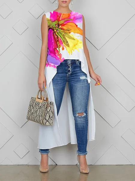

Crew Neck Vacation Loosen Sleeveless Abstract Shirt, As picture, Blouses and Shirts