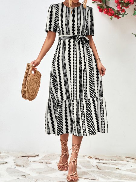 

Women Striped Crew Neck Short Sleeve Comfy Casual Midi Dress, Black, Midi