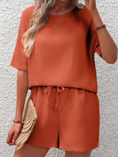 

Women Plain Crew Neck Short Sleeve Comfy Casual Top With Pants Two-Piece Set, Red brown, Sets