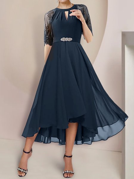 

Chiffon Plain Elegant Lace Dress, Dark blue, Dresses