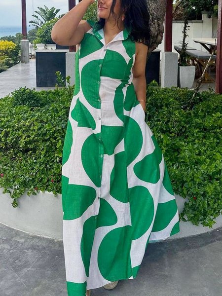 

Polka Dots Shirt Collar Vacation Sleeveless Maxi Dress, Green, Maxi Dresses