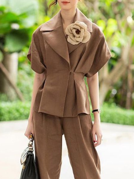 

Lapel Collar Urban Regular Fit Plain Blouse Excluding Brooch, Brown, Blouses and Shirts