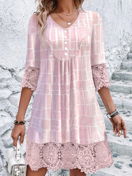 

Women Geometric V Neck Three Quarter Sleeve Comfy Casual Lace Short Dress, Pink, Short