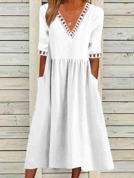 

V Neck Simple Linen Style Dress, White, Midi Dresses