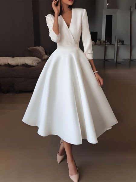 

Plain Elegant Regular Fit V Neck Dress, White, Maxi Dresses