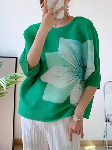 

Daily Crew Neck Floral Loose Casual Shirt, Green, Blouses and Shirts