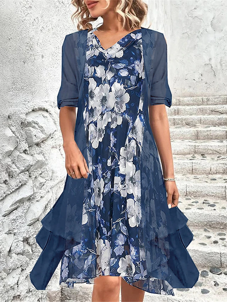 

Elegant Floral Chiffon Two-Piece Set, Dark blue, Dresses