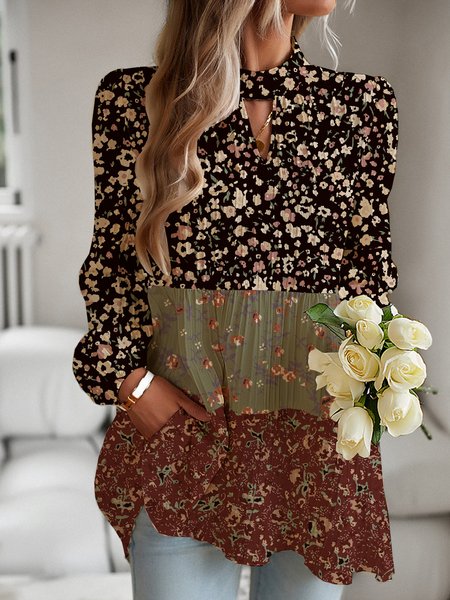 

Stand Collar Long Sleeve Small Floral Regular Loose Shirt For Women, Black, Blouses