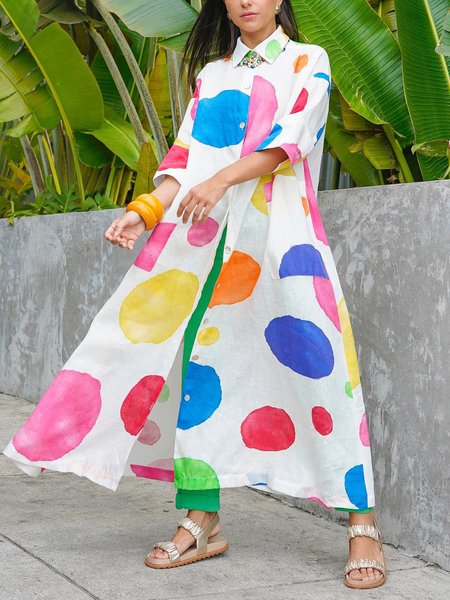 

Vacation Polka Dots Loose Shirt Collar Dress, Multicolor, Maxi Dresses