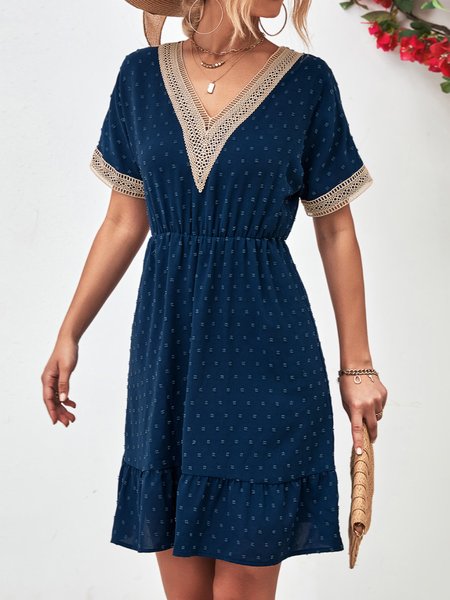 

Women Polka Dots V Neck Short Sleeve Comfy Casual Short Dress, Purplish blue, Short