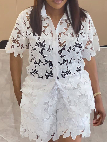 

Lace Urban Loose Shirt Collar Short Sleeve Blouse, White, Blouses and Shirts