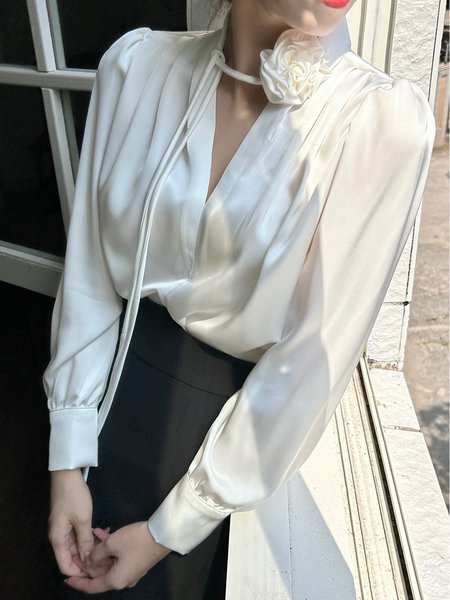 

V Neck Loose Plain Elegant Shirt, White, Blouses and Shirts