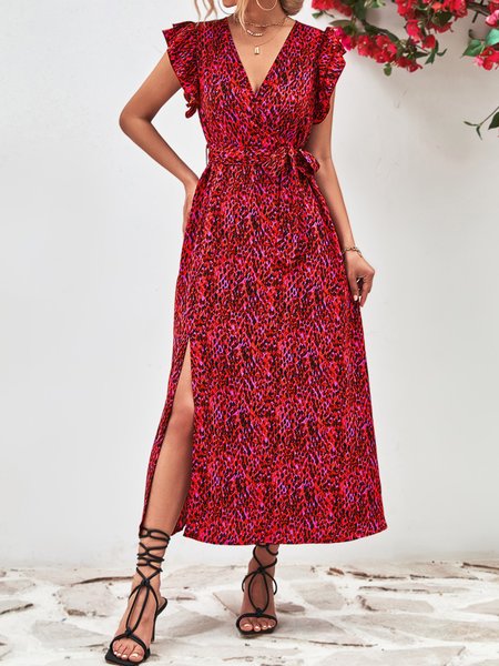 

Women Small Floral V Neck Short Sleeve Comfy Casual Midi Dress, Red, Floral Dresses