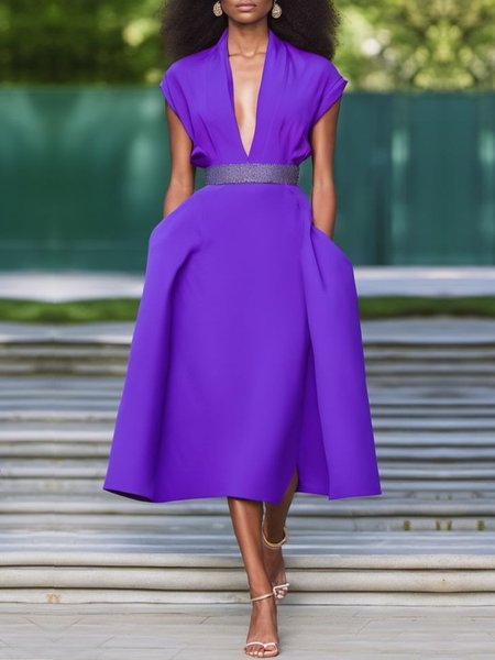 

Elegant Plain Regular Fit Pockets V Neck Dress, Purple, Midi Dresses
