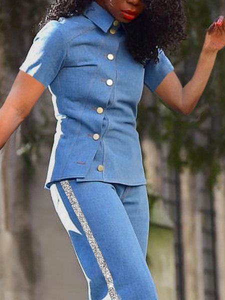 

Short Sleeve Urban Regular Fit Plain Denim Blouse, Denim blue, Blouses and Shirts