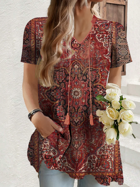 

V Neck Long Sleeve Ethnic Regular Loose Shirt For Women, Flower, Blouses