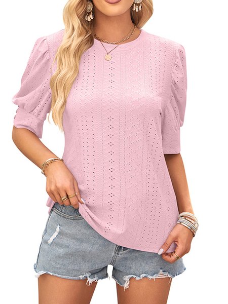 

Crew Neck Short Sleeve Plain Regular Regular Fit Shirt For Women, Pink, Blouses