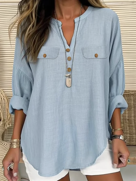 

V Neck Loose Casual Plain Linen Style Blouse, Light blue, Blouses & Shirts