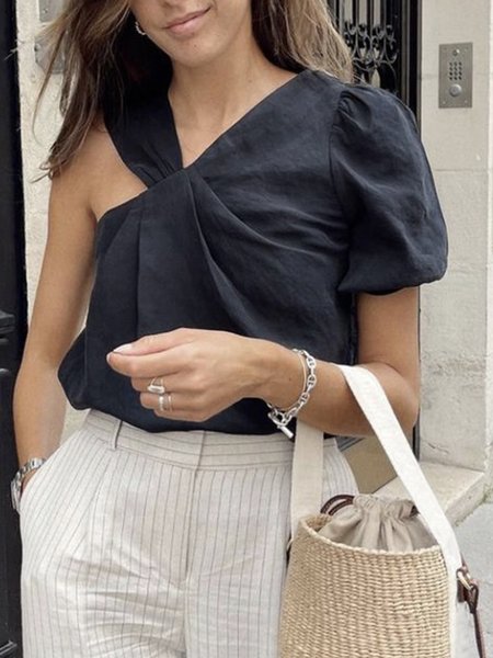 

Regular Fit Urban Short Sleeve Asymmetrical Shirt, Black, Blouses and Shirts