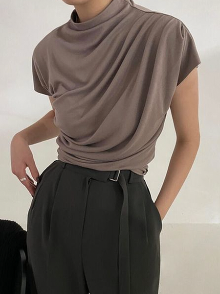 

Loose High Elasticity Stand Collar Short Sleeve Urban T-Shirt, As picture, Tees