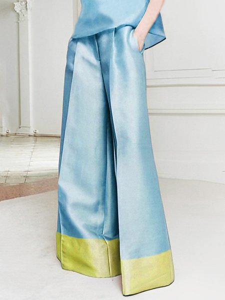 

Urban Satin Fashion Color Block Pockets Wide Leg Pants, Blue, Pants