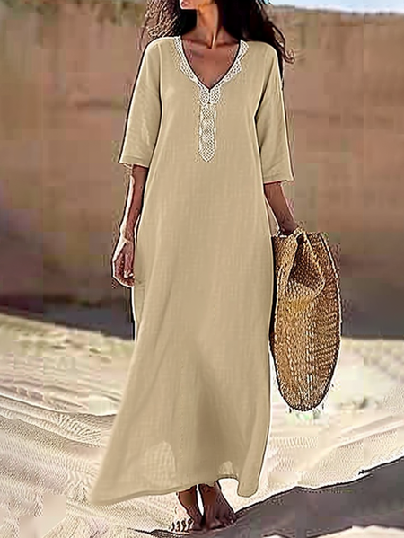 

Loose Cotton And Linen Floral Casual Dress, Khaki, Dresses