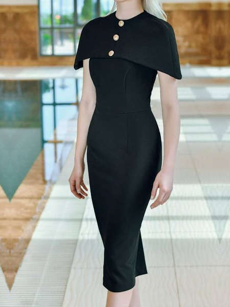 

Medium Elasticity Plain Elegant Tight Cap Sleeve Midi Dress, Black, Midi Dresses