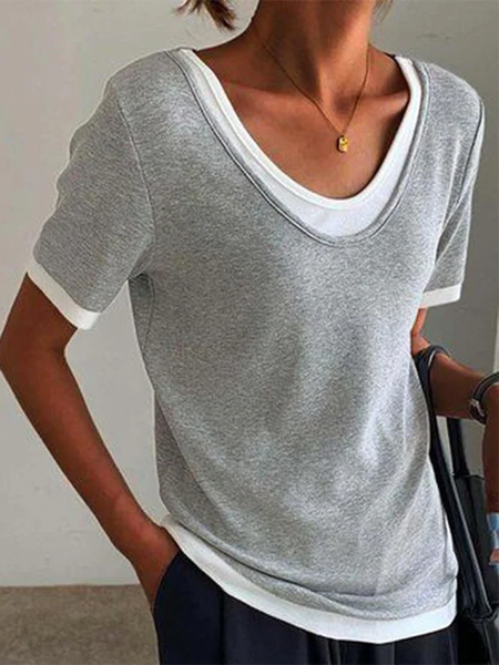 

Casual Color Block V Neck Short Sleeve T-shirt, Gray, T-shirts