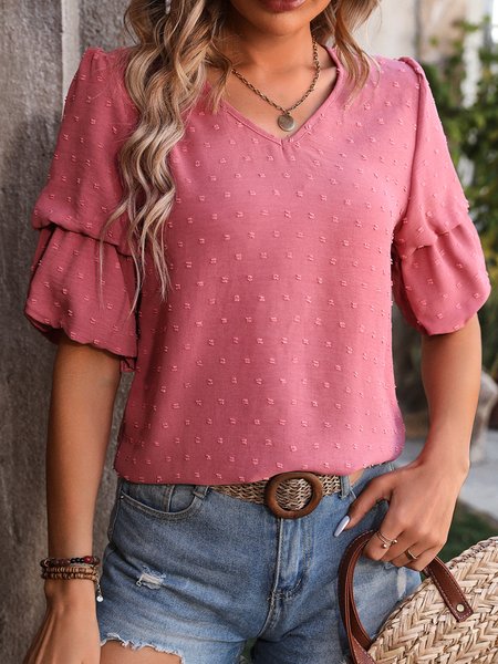

V Neck Short Sleeve Plain Regular Regular Fit Shirt For Women, Cameo, Blouses
