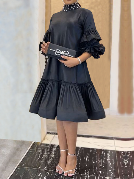 

Loose Stand Collar Short Sleeve Elegant Short Dress, Black, Midi Dresses