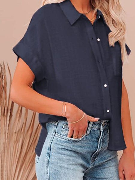 

Shirt Collar Short Sleeve Plain Regular Loose Blouse For Women, Navyblue, Shirts