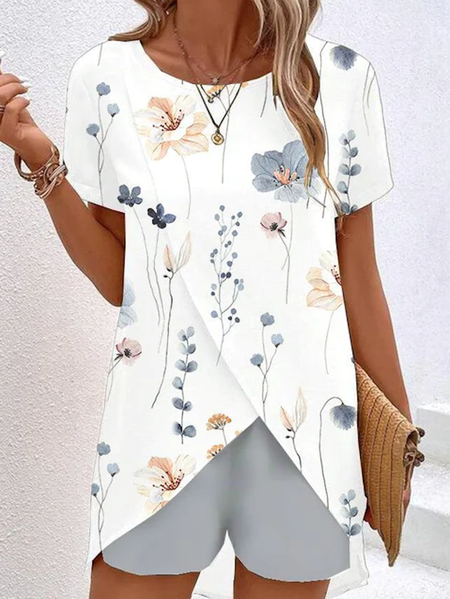 

Casual Floral Crew Neck Short Sleeve T-shirt, White, Sets