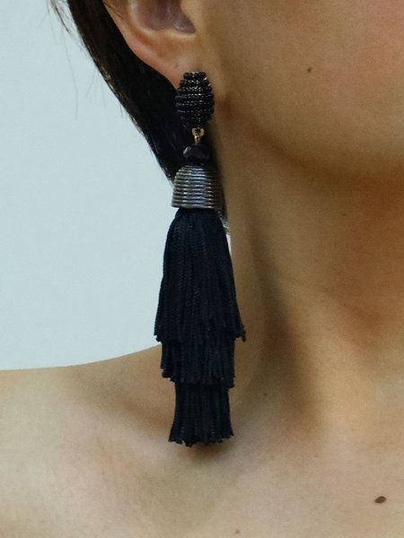 

Boho Color-block Beaded Tassel Drop Earrings, Black, Earrings