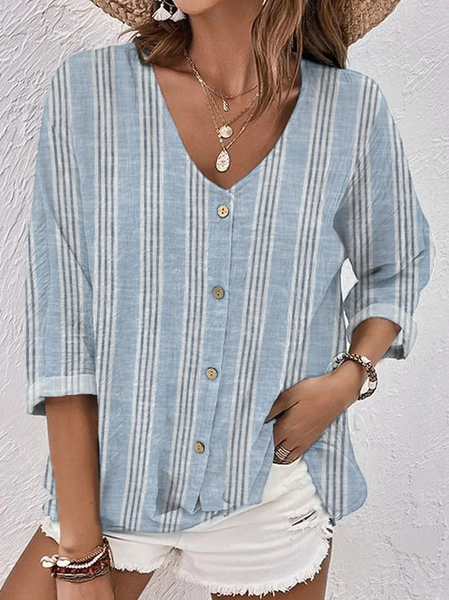 

Simple Striped V Neck Loose Linen Style Shirt, Blue, Blouses & Shirts