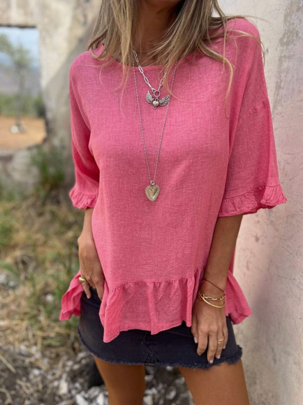 

Simple Crew Neck Plain Loose Linen Style Shirt, Rose red, Blouses & Shirts