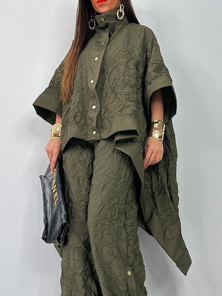 

Loose Plain Stand Collar Short Sleeve Urban Mid-long Blouse, Army green, Blouses and Shirts