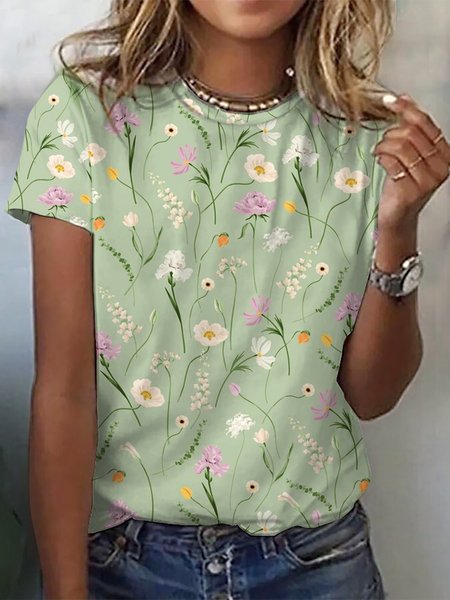 

Casual Floral Knitted T-Shirt, Green, T-Shirts