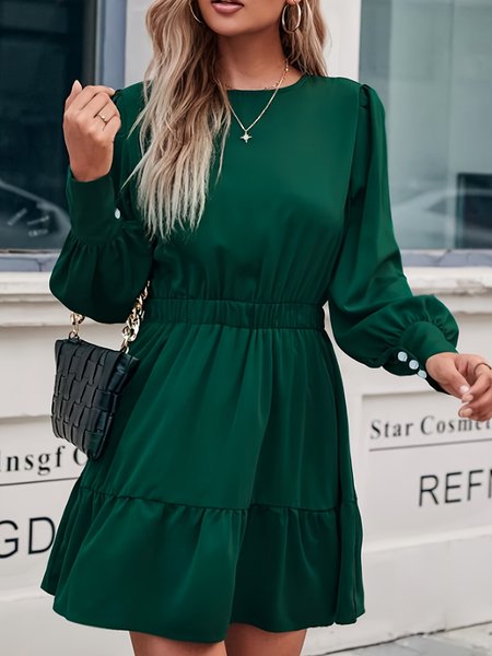 

Women Plain Crew Neck Long Sleeve Comfy Casual Short Dress, Darkgreen, Short