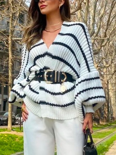 

Balloon Sleeve Casual Striped Cardigan With No Belt, Black-white, Cardigans