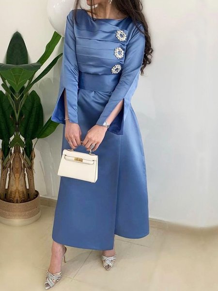 Elegant Satin Regular Fit Crew Neck Plain Dress With Brooch, Blue, Maxi Dresses