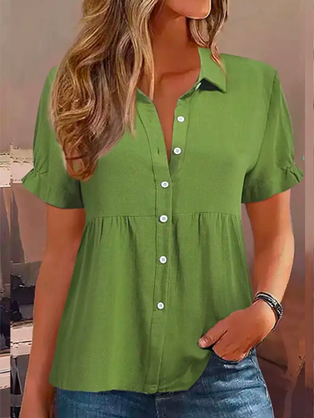 

Shirt Collar Casual Cotton Linen Style Blouse, Green, Blouses & Shirts