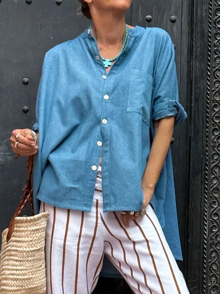 

Casual Crew Neck Plain Blouse, Blue, Shirts & Blouses