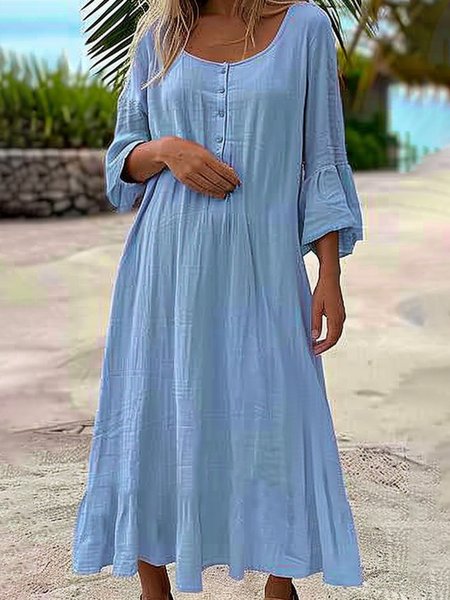

Cotton And Linen Linen Buckle Dress, Light blue, Dresses