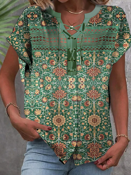 

Cross Neck Short Sleeve Ethnic Patterns Lace Regular Loose Blouse For Women, Green, Blouses