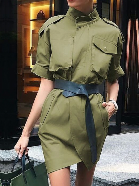 

Loose Urban Stand Collar Short Sleeve Short Dress With No Belt, Army green, Mini Dresses