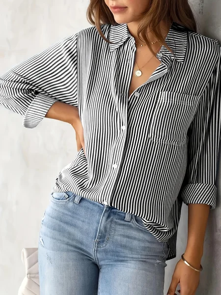 

Casual Loose Striped Shirt Collar Blouse, Black, Blouses & Shirts